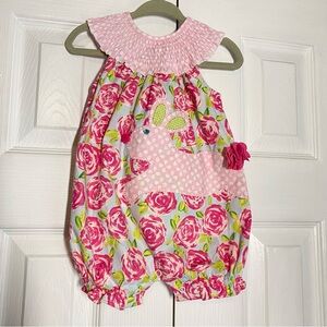 Mud Pie Smocked Pink Floral Baby Romper with Bunny Applique